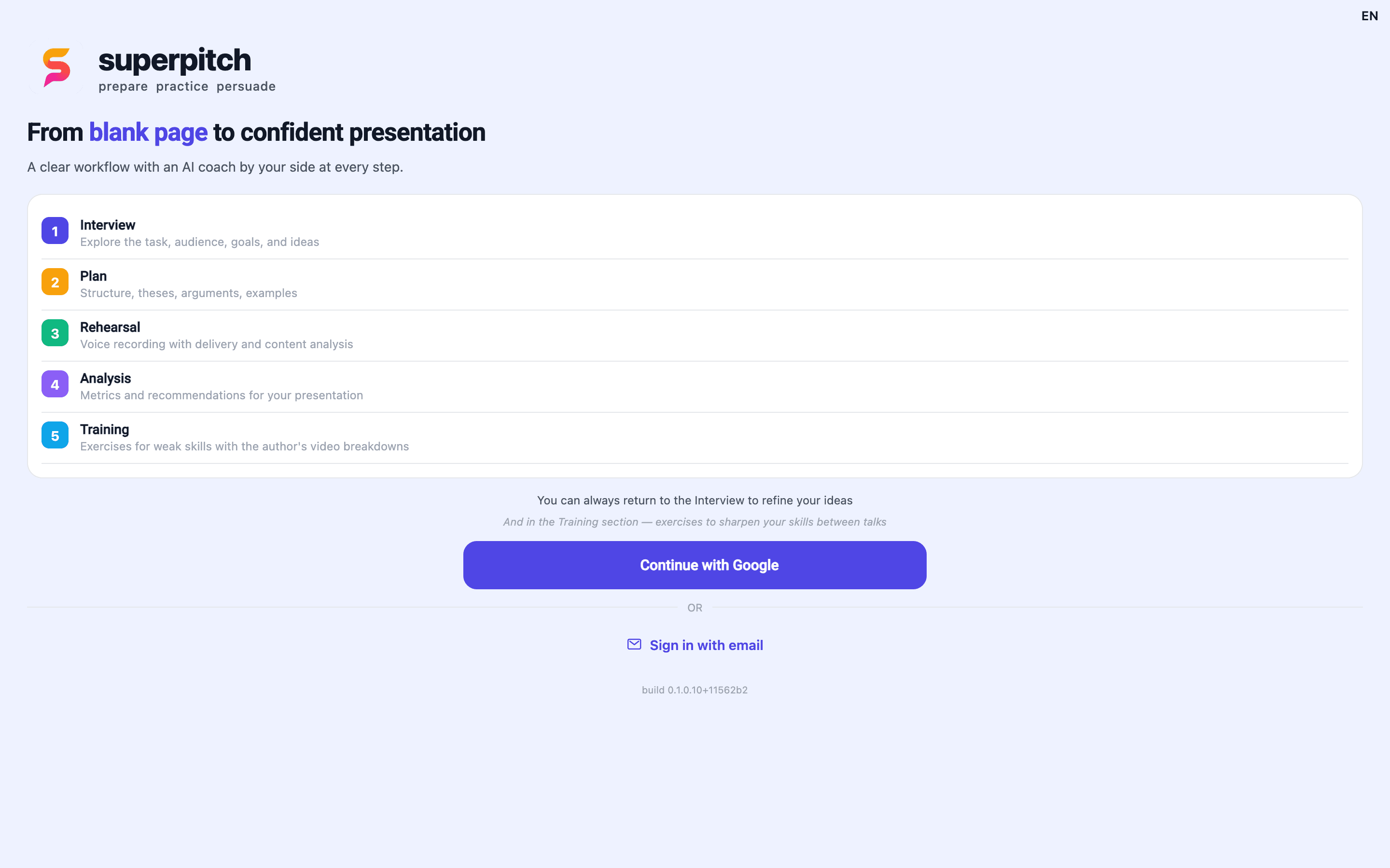 SuperPitch — the AI-guided workflow: Interview, Plan, Rehearsal, Analysis, Training.